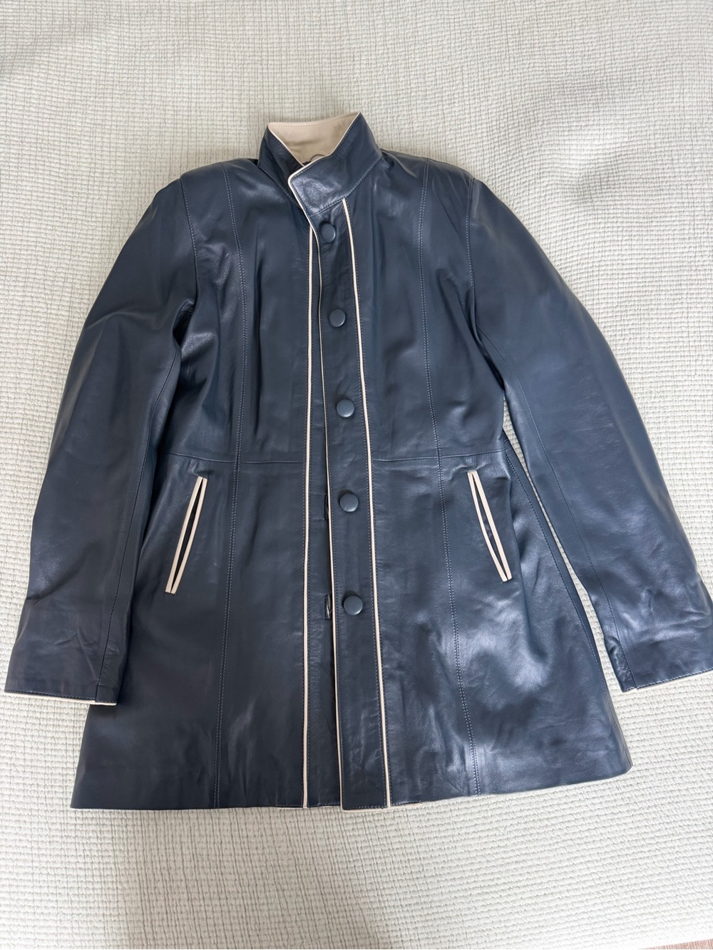 Women's Navy Leather Coat with Contrast Trim